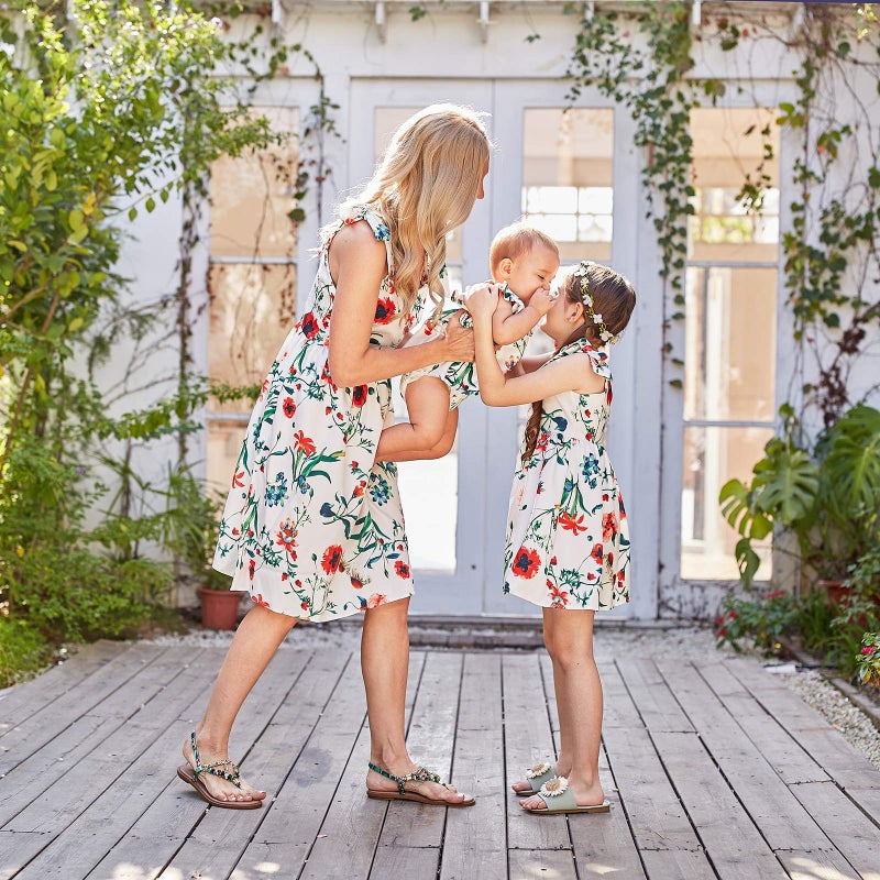 PopReal Mommy and Me Floral Printed Shoulder-Straps Bowknot Halter Chiffon Beach Mini Sundress,White,girl-4T - Image 3